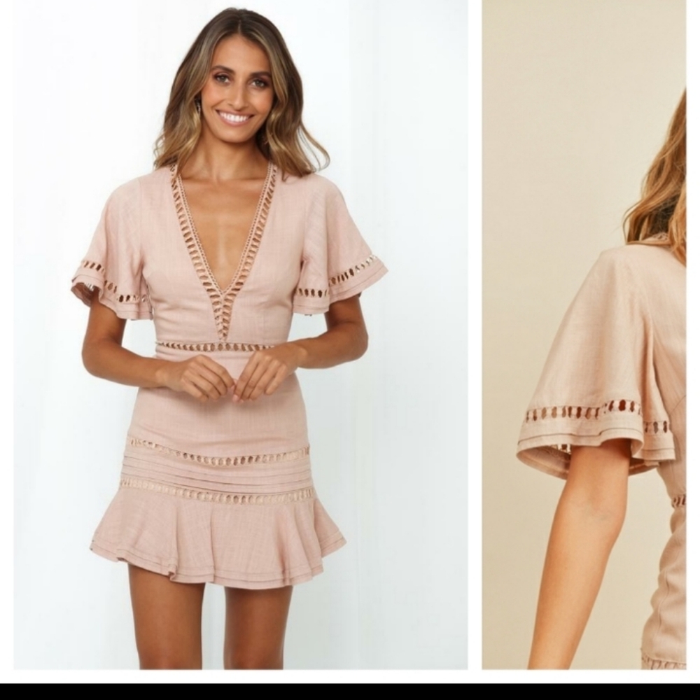 Linen Blend Lattice Mini Dress - Picture 2 of 5